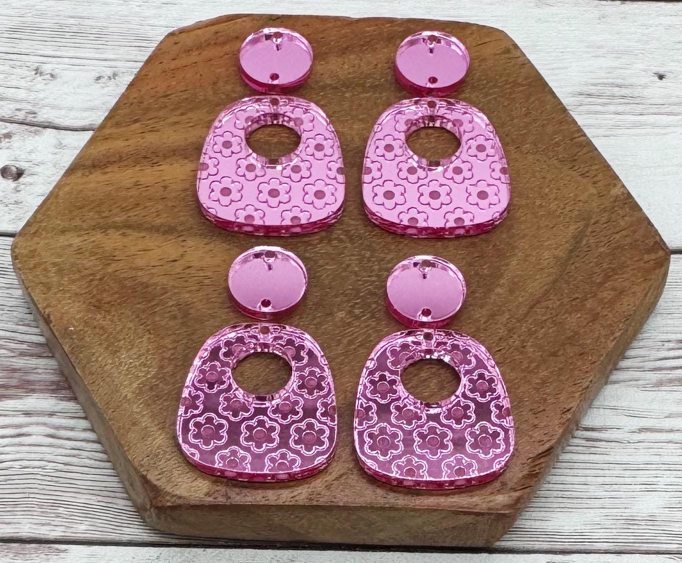 Engraved Flower Mirrored Pink Acrylic Connector Set Earring Blanks, DIY Jewelry Making