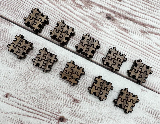 Autism Puzzle Piece Engraved Walnut Stud Earring Blanks Set of 5 Pair DIY Jewelry Making