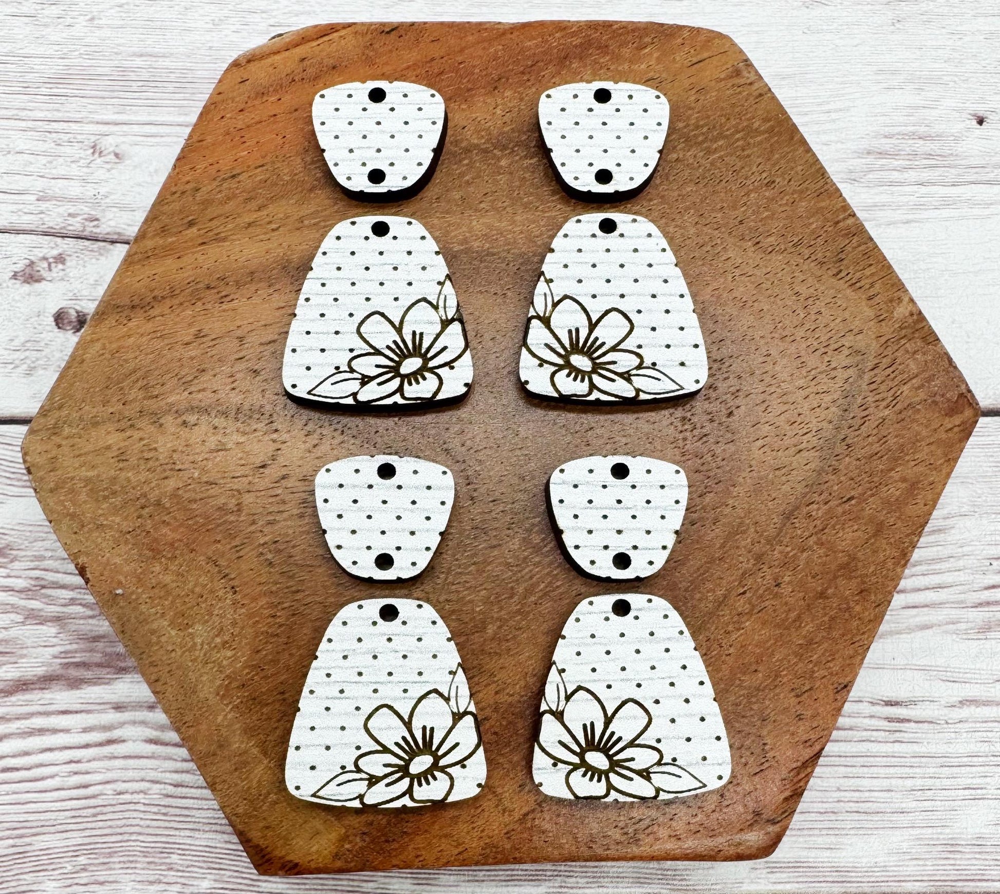 Patterned Wood Engraved Polka Dot Flower Duo Earring Blanks, DIY Jewelry Making