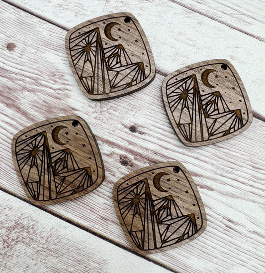 Boho Moon Mountains Wood Engraved Earring Blanks, Finished Walnut Blank, DIY Jewelry Making