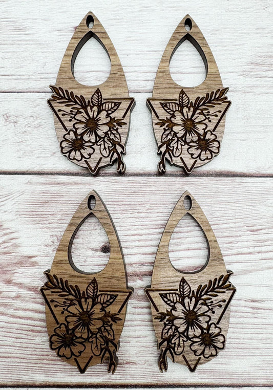 Boho Floral Triangle Skinny Open Teardop Engraved Earring Blanks, Finished Walnut, DIY Jewelry Making