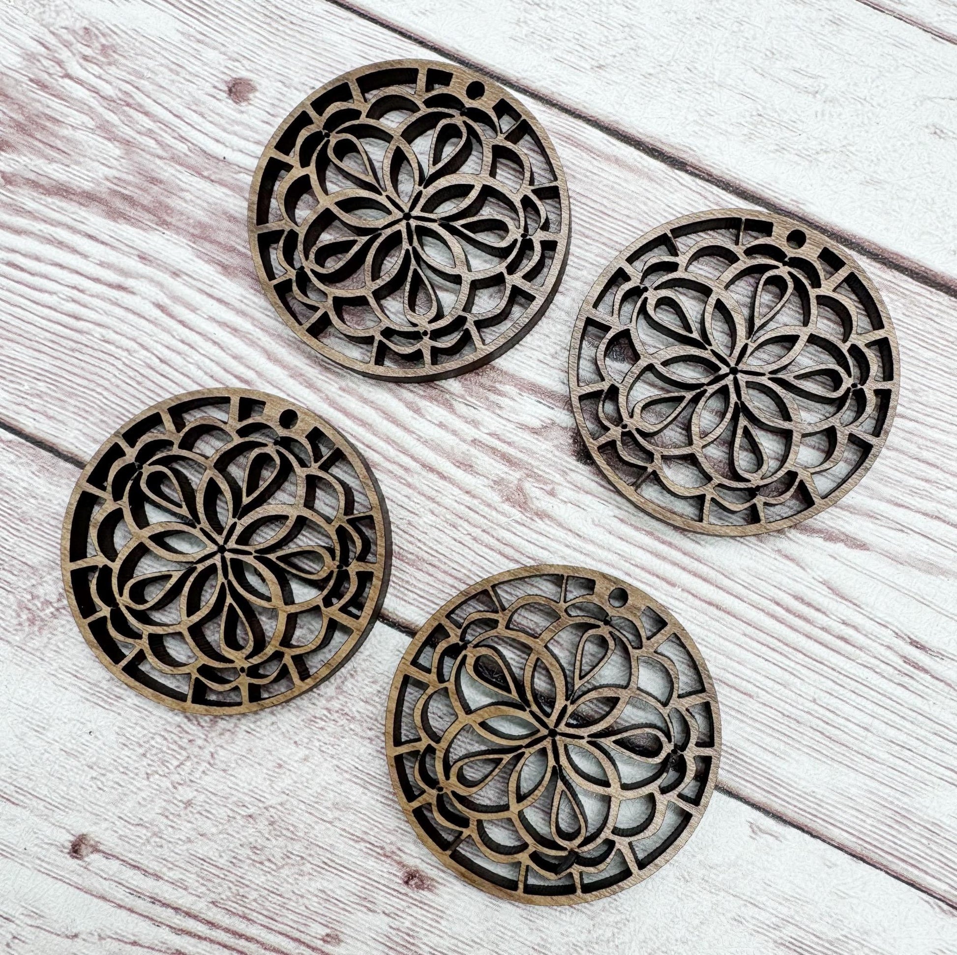 Wood Circle Intricate Mandala Earring Blanks, Finished Walnut Blank, DIY Jewelry Making
