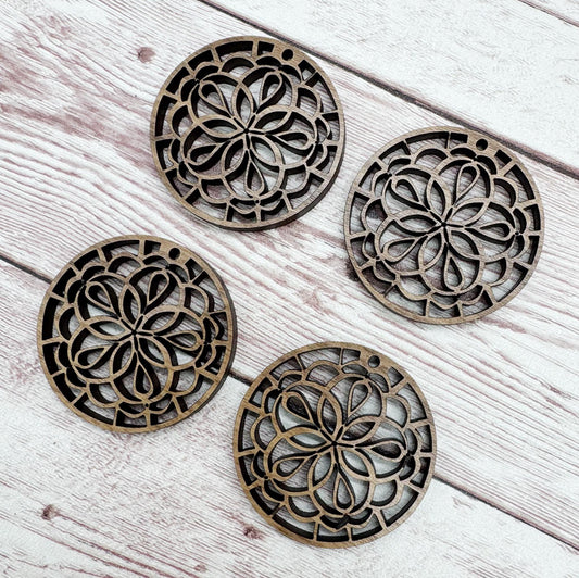 Wood Circle Intricate Mandala Earring Blanks, Finished Walnut Blank, DIY Jewelry Making