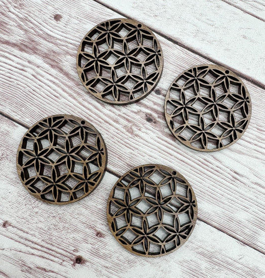 Wood Circle Intricate Flower Earring Blanks, Finished Walnut Blank, DIY Jewelry Making