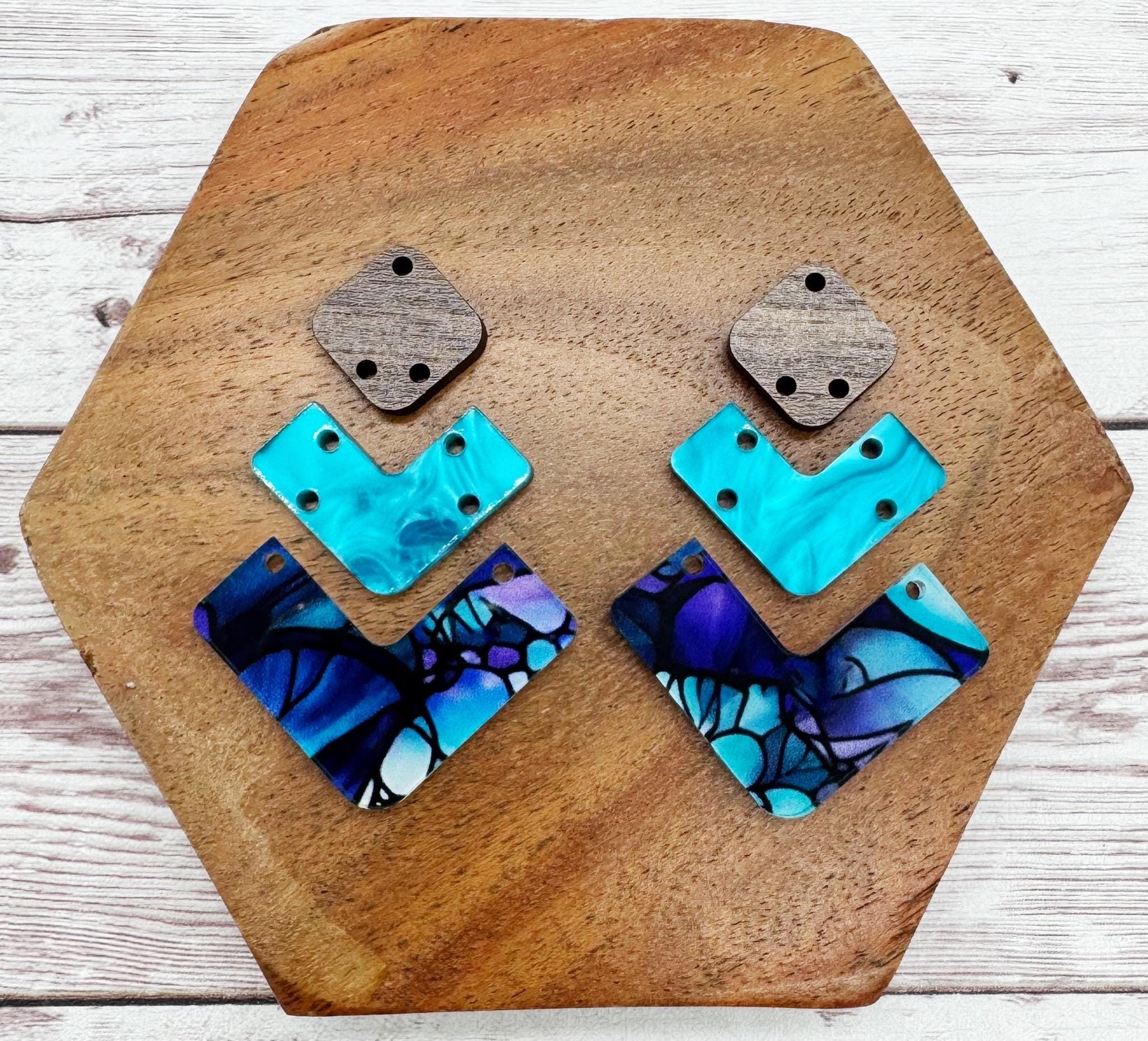 Purple Teal Print Angled Trio Acrylic Earring Blanks, DIY Jewelry Making
