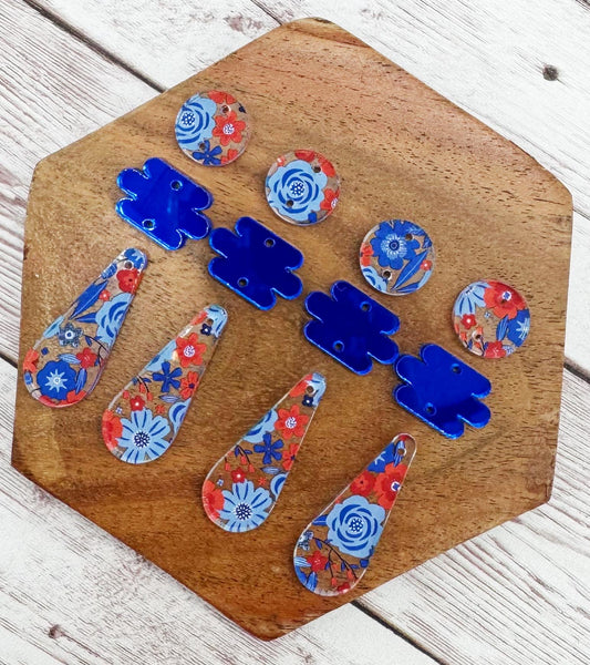 Red and Blue Floral Print and Blue Mirrored Teardrop Trio Set Earring Blanks, DIY Jewelry Making