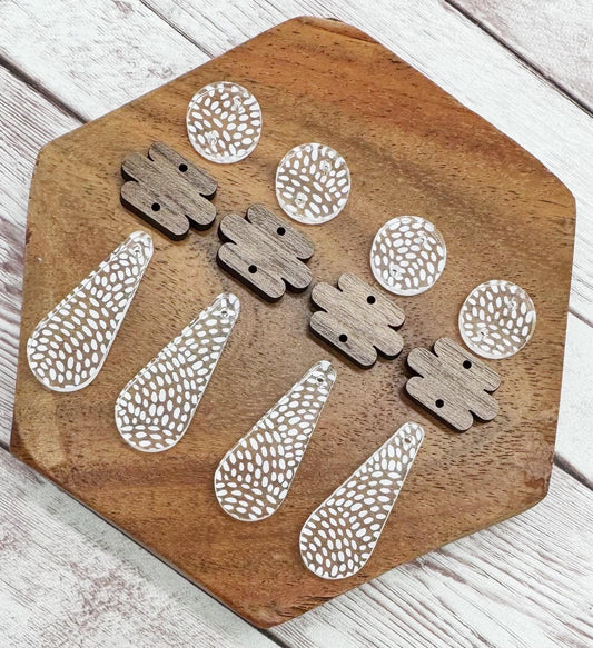 White Print Acrylic and Walnut Teardrop Trio Set Earring Blanks, DIY Jewelry Making