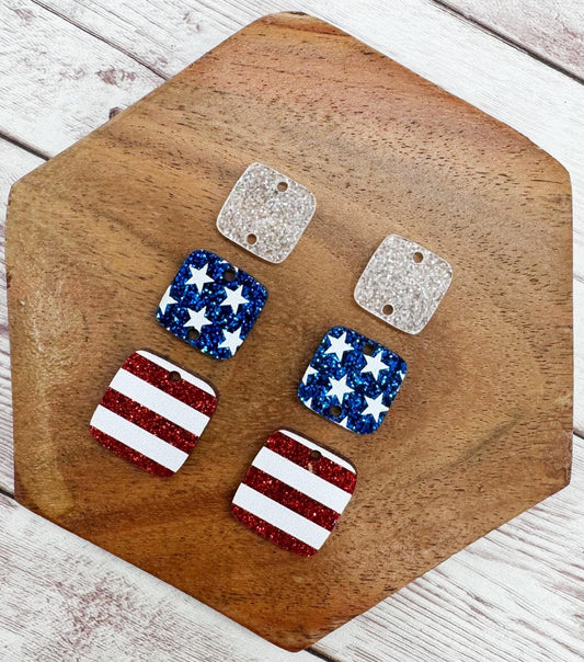 Rounded Square Patriotic Glitter Stars and Stripes Trio 4th of July Set Earring Blanks, DIY Jewelry Making