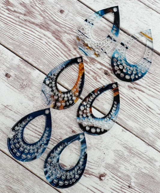 Blue Clear Brown Swirl Print Acrylic Open Dot Teardrop Earring Blanks, DIY Jewelry Making
