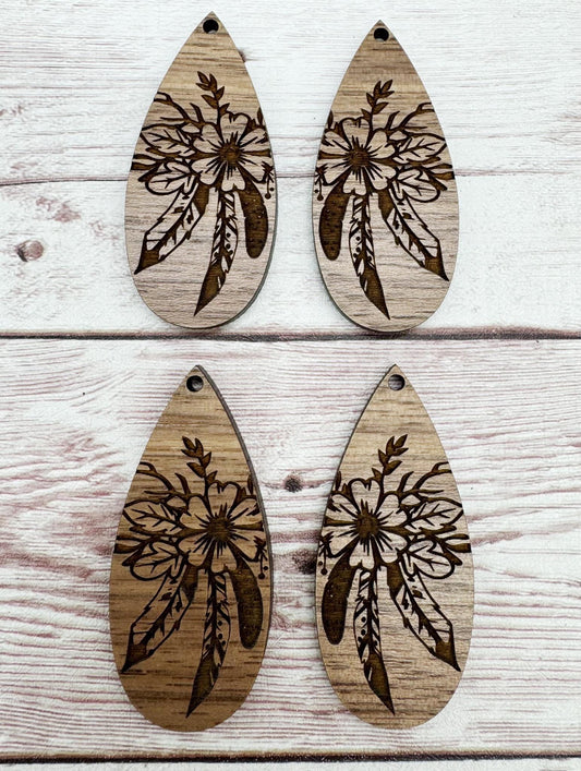 Boho Flower Feather Skinny Teardop Engraved Earring Blanks, Finished Walnut, DIY Jewelry Making