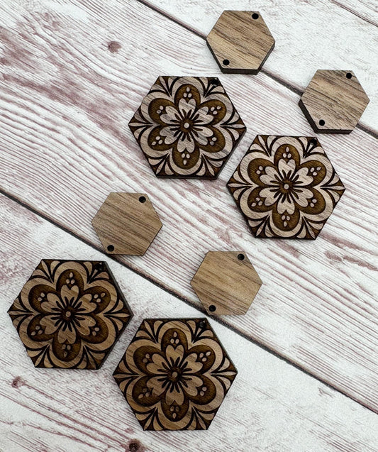 Wood Engraved Flower Hexagon and Connector Set Earring Blanks, Finished Walnut Blank, DIY Jewelry Making