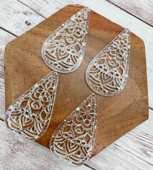 Silver Hex Glitter Mandala Cutout Acrylic Teardrop Earring Blanks, DIY Jewelry Making