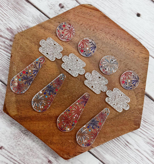 Fireworks and Glitter Teardrop Trio 4th of July Acrylic Set Earring Blanks, DIY Jewelry Making