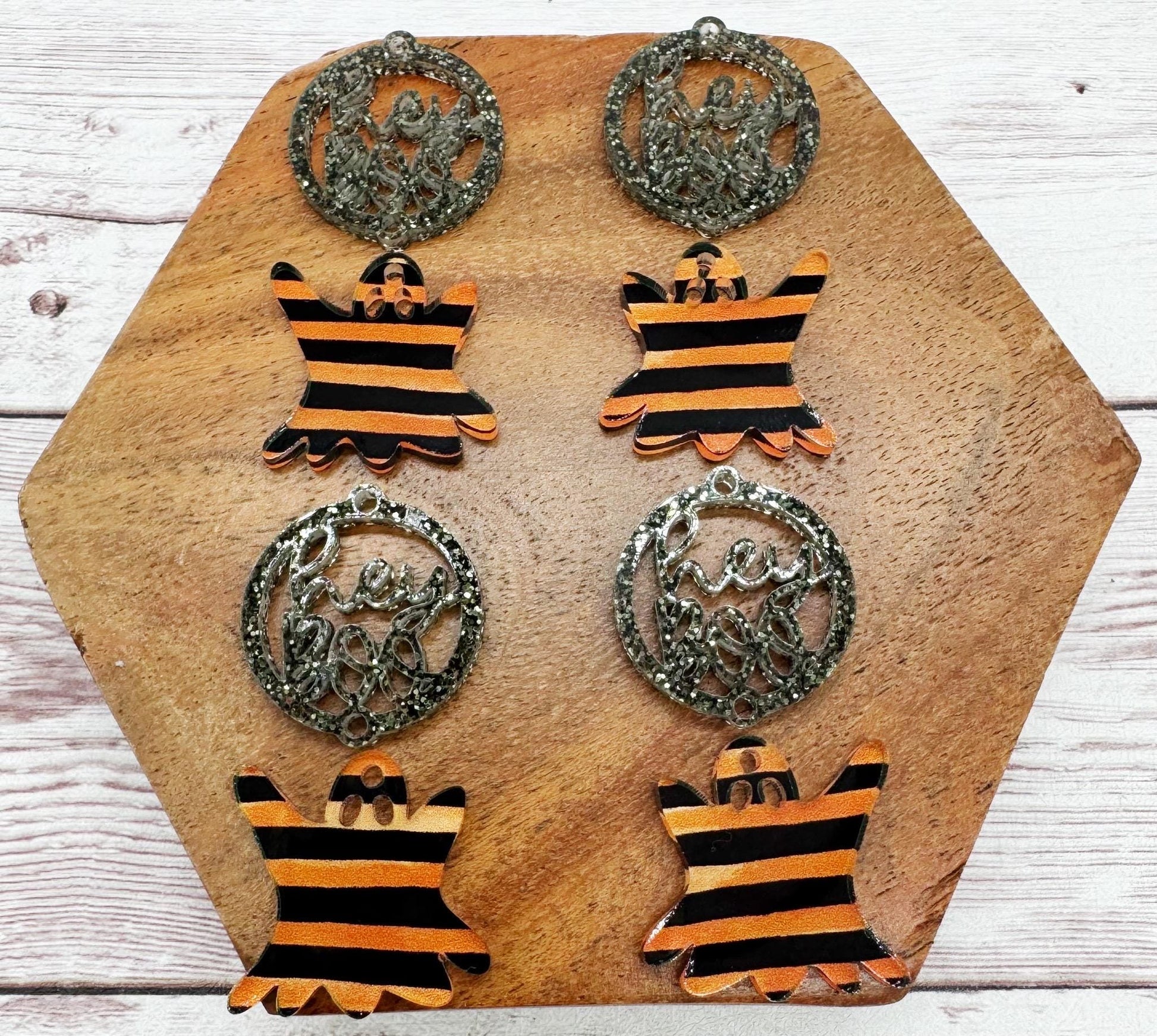 Hey Boo Ghost Set Glitter Halloween Stripe Print Acrylic Earring Blanks, DIY Jewelry Making