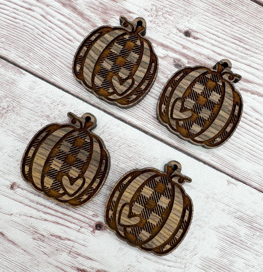 Wood Engraved Plaid Heart Pumpkin Earring Blanks, Finished Walnut Blank, DIY Jewelry Making
