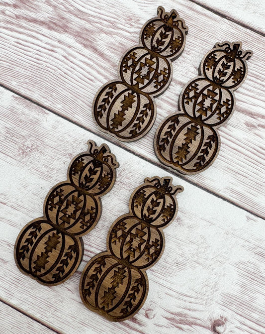 Wood Engraved Stacked Aztec Pumpkin Earring Blanks, Fall and Halloween, Finished Walnut Blank, DIY Jewelry Making