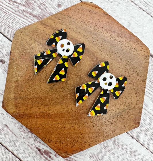 Candy Corn Print Bow Layered Acrylic Halloween Earring Blanks, DIY Jewelry Making
