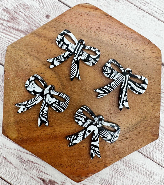 Set of 2 Black and White Skeleton Print Acrylic Bow Halloween Earring Blanks DIY Jewelry Making