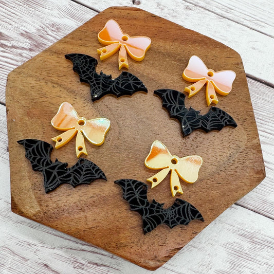 Black Spiderweb Bat and Orange Iridescent Bow Halloween Set Acrylic Earring Blanks, DIY Jewelry Making