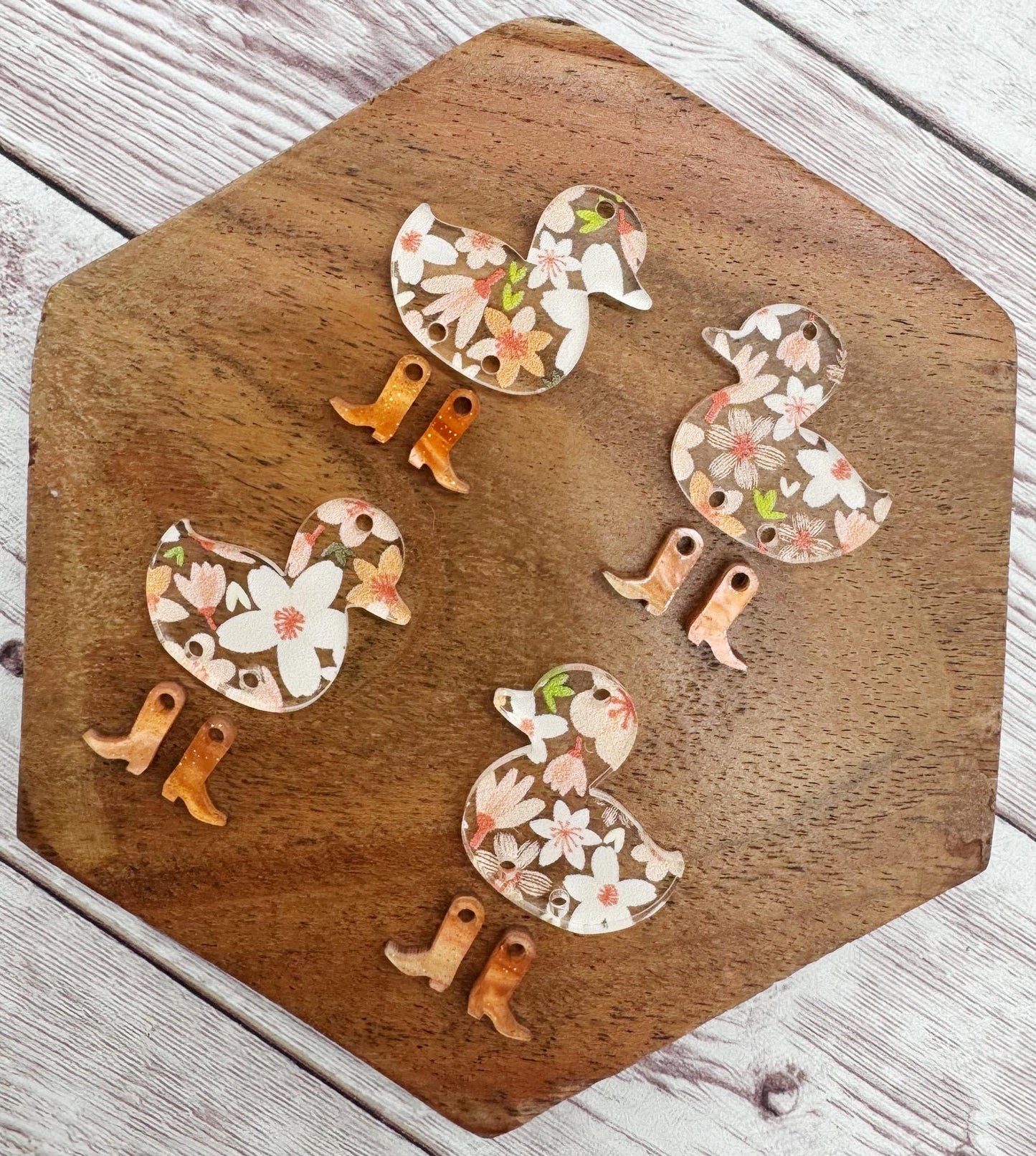 Orange Floral Print Duck With Orange Galaxy Glitter Boots Set Animal Earring Blanks, DIY Jewelry Making