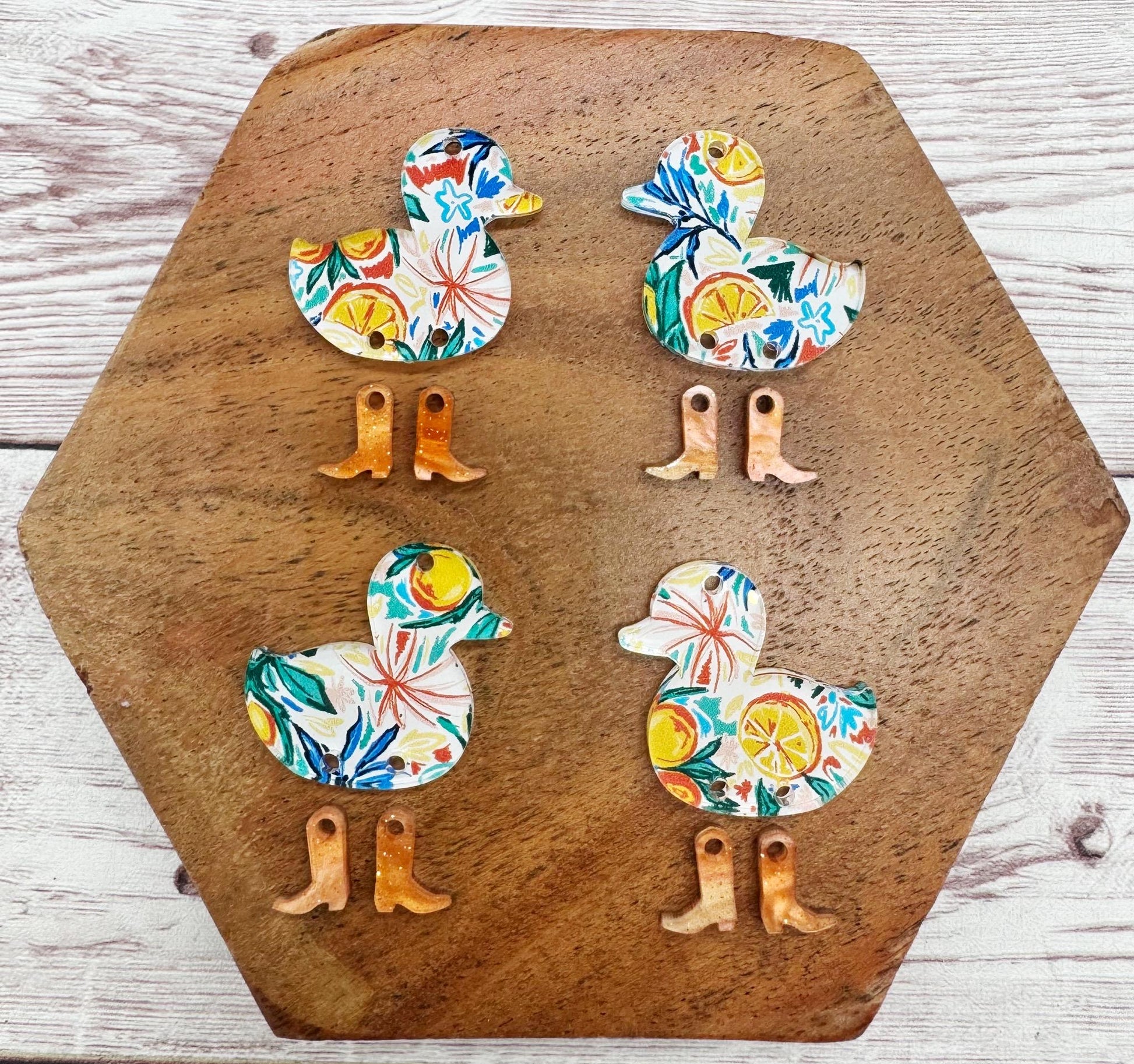 Orange Print Duck With Orange Galaxy Glitter Boots Set Animal Earring Blanks, DIY Jewelry Making