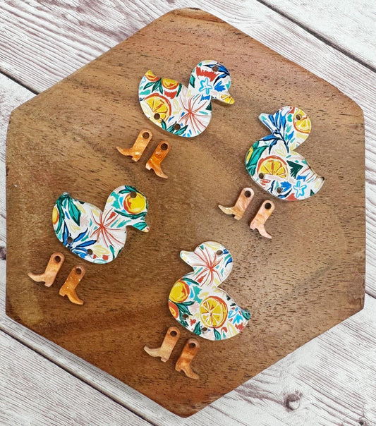 Orange Print Duck With Orange Galaxy Glitter Boots Set Animal Earring Blanks, DIY Jewelry Making