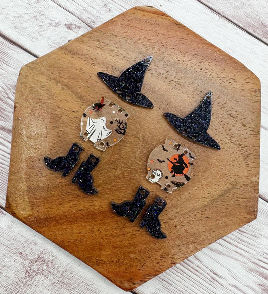 Witch Hat Vintage Halloween Print Cauldron and Boots Acrylic Earring Blanks, DIY Jewelry Making