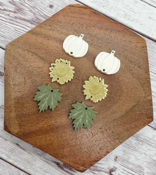 Fall Engraved Pumpkin Sunflower Leaf Trio Acrylic Earring Blank Set, DIY Jewelry Making