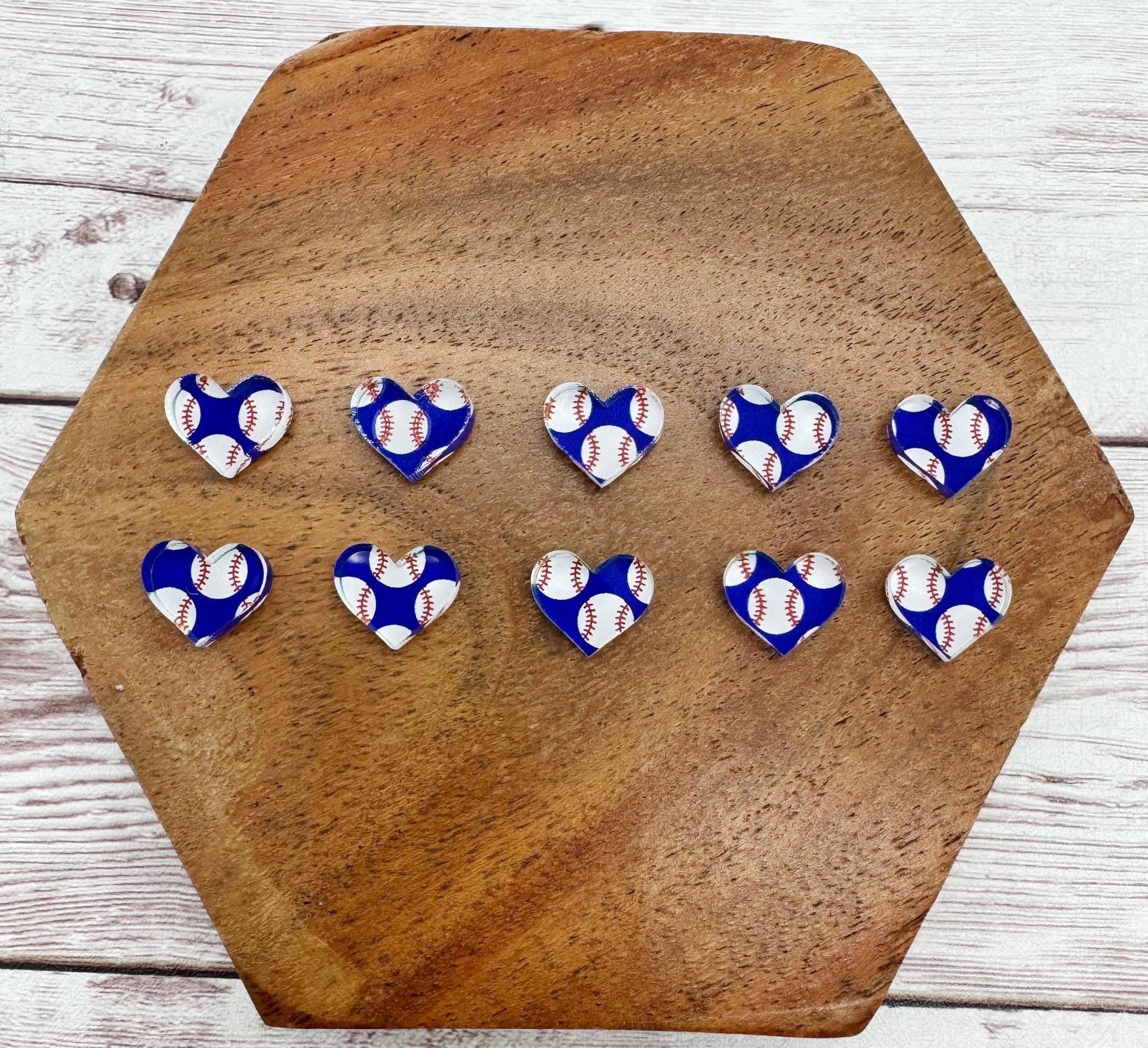 Baseball Print Heart Shape Stud Earring Blanks Set of 5 Pair DIY Jewelry Making