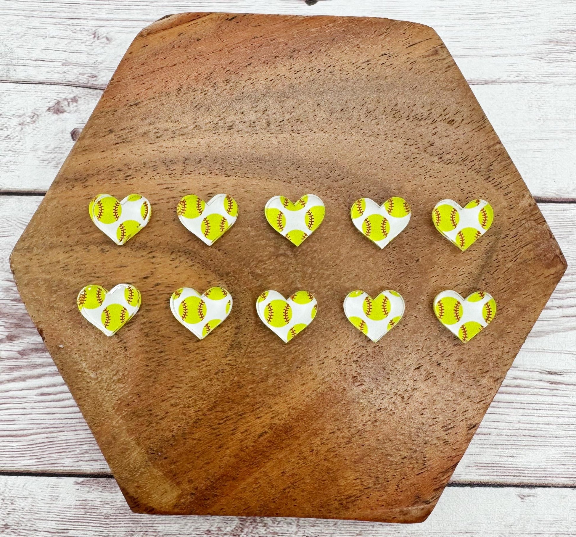 Softball Print Heart Shape Stud Earring Blanks Set of 5 Pair DIY Jewelry Making