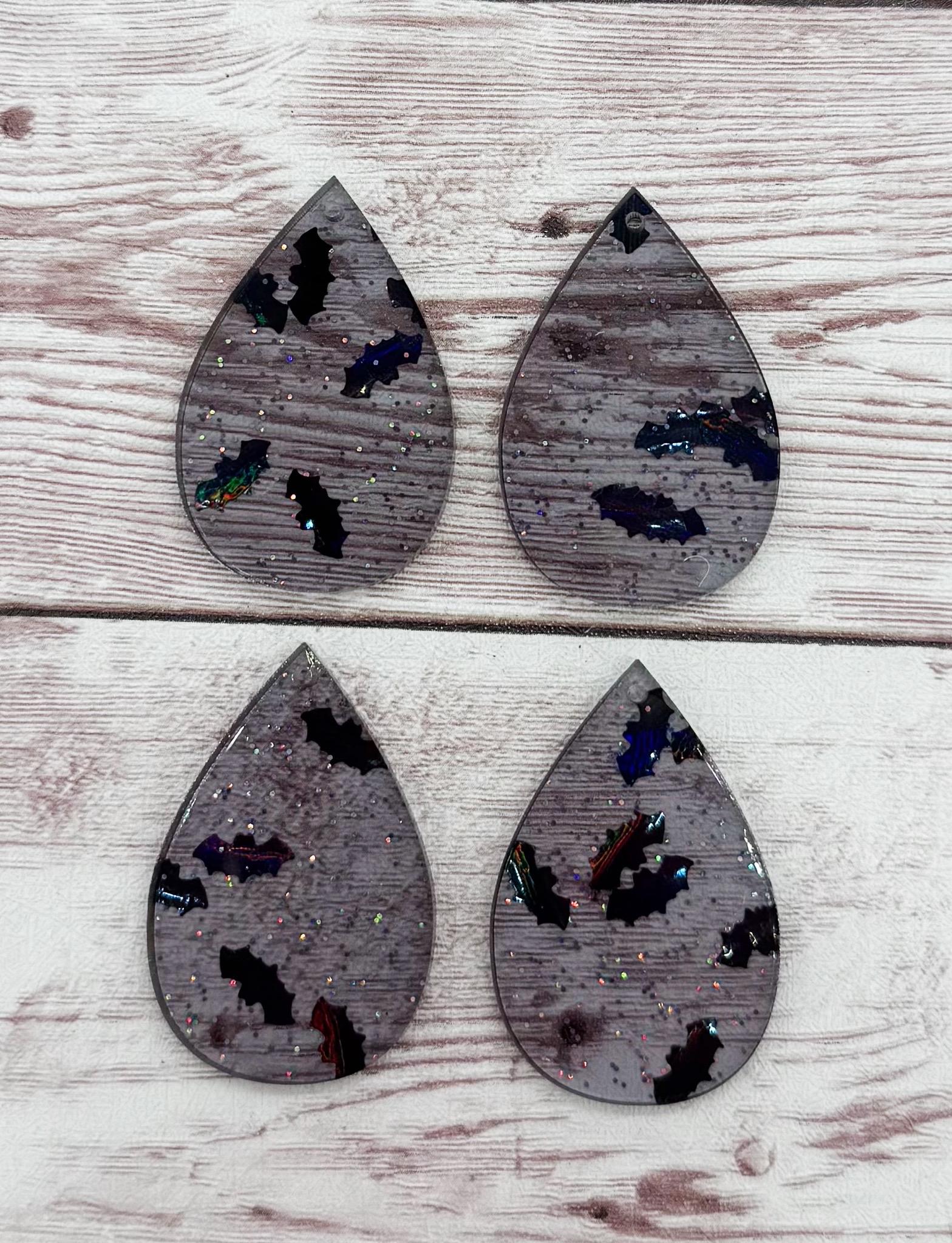 Black Glitter Bat Halloween Acrylic Teardrop Earring Blanks, DIY Jewelry Making