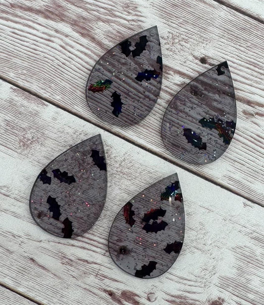 Black Glitter Bat Halloween Acrylic Teardrop Earring Blanks, DIY Jewelry Making