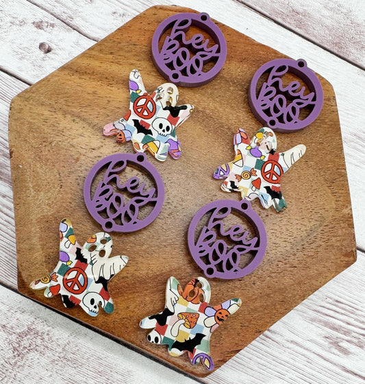 Hey Boo Ghost Set Groovy Halloween Print Acrylic Earring Blanks, DIY Jewelry Making