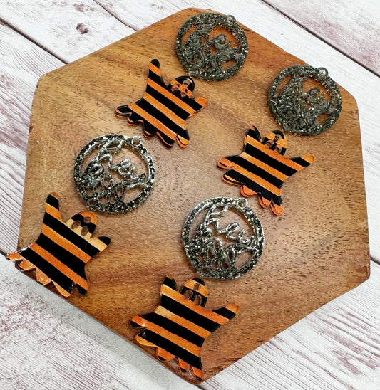 Hey Boo Ghost Set Glitter Halloween Stripe Print Acrylic Earring Blanks, DIY Jewelry Making