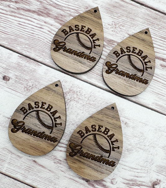 Wood Engraved Baseball Grandma Earring Blanks, Finished Walnut Blank, DIY Jewelry Making