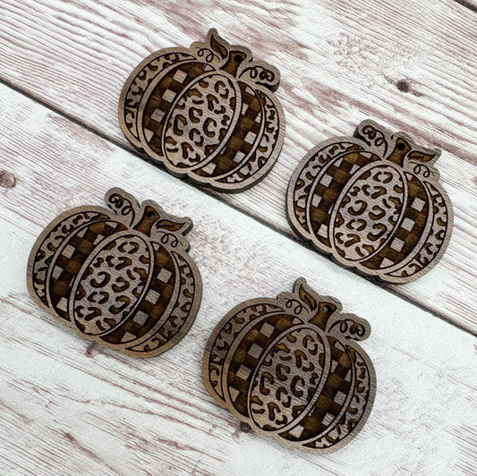 Wood Engraved Leopard Print and Plaid Pumpkin Earring Blanks, Finished Walnut Blank, DIY Jewelry Making