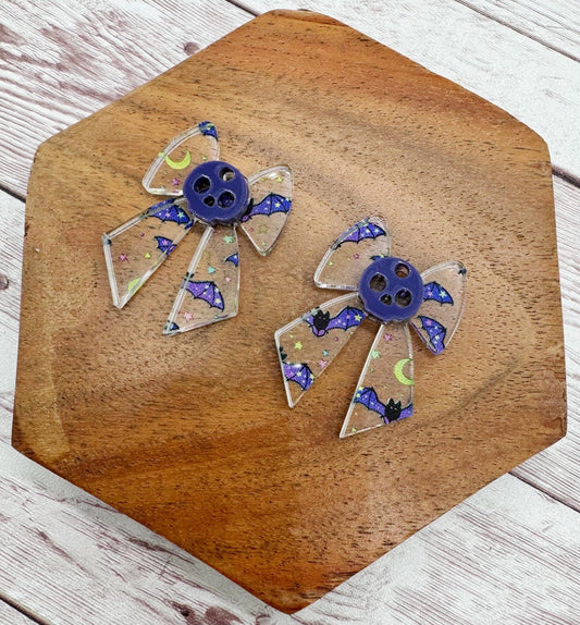 Bat and Moon Print Bow Layered Acrylic Halloween Earring Blanks, DIY Jewelry Making