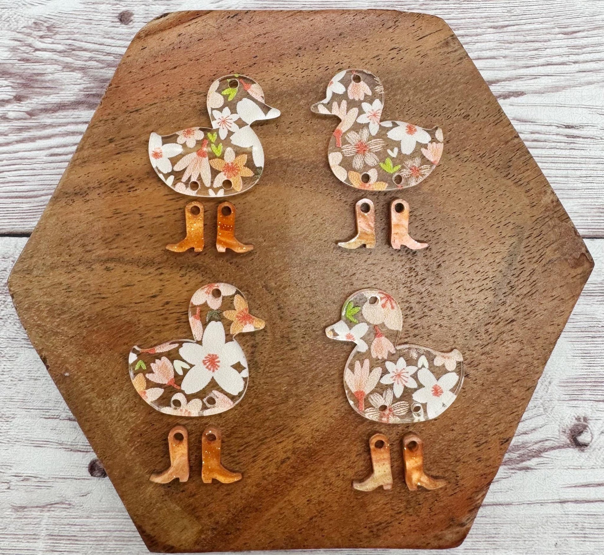 Orange Floral Print Duck With Orange Galaxy Glitter Boots Set Animal Earring Blanks, DIY Jewelry Making