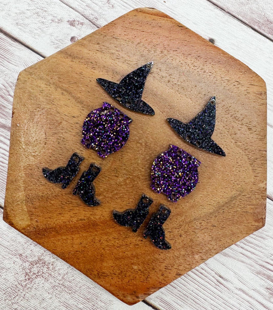 Witch Hat Purple Glitter Cauldron and Boots Acrylic Halloween Earring Blanks, DIY Jewelry Making