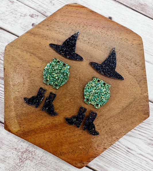 Witch Hat Green Glitter Cauldron and Boots Acrylic Halloween Earring Blanks, DIY Jewelry Making