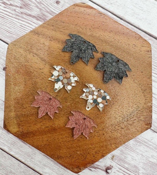 Neutral Tone Dot and Engraved Fabric Shimmer Leaf Trio Acrylic Earring Blank Set, DIY Jewelry Making