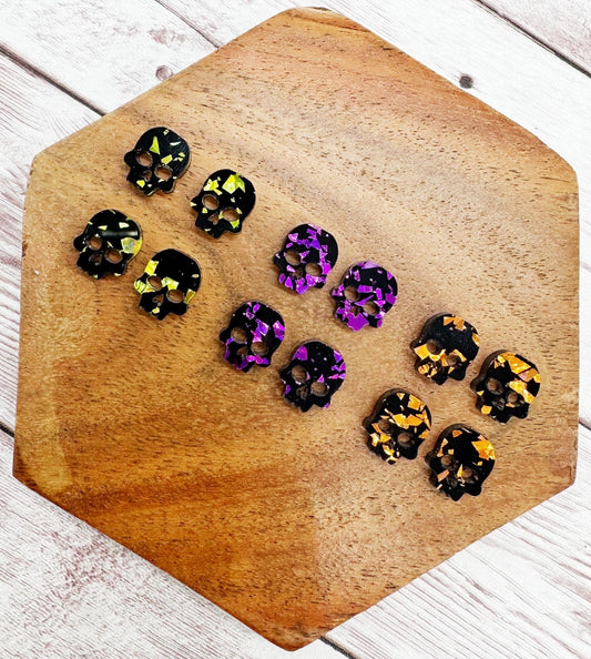 Set of 6 Black Glitter Flake Skull Stud Halloween Earring Blanks DIY Jewelry Making