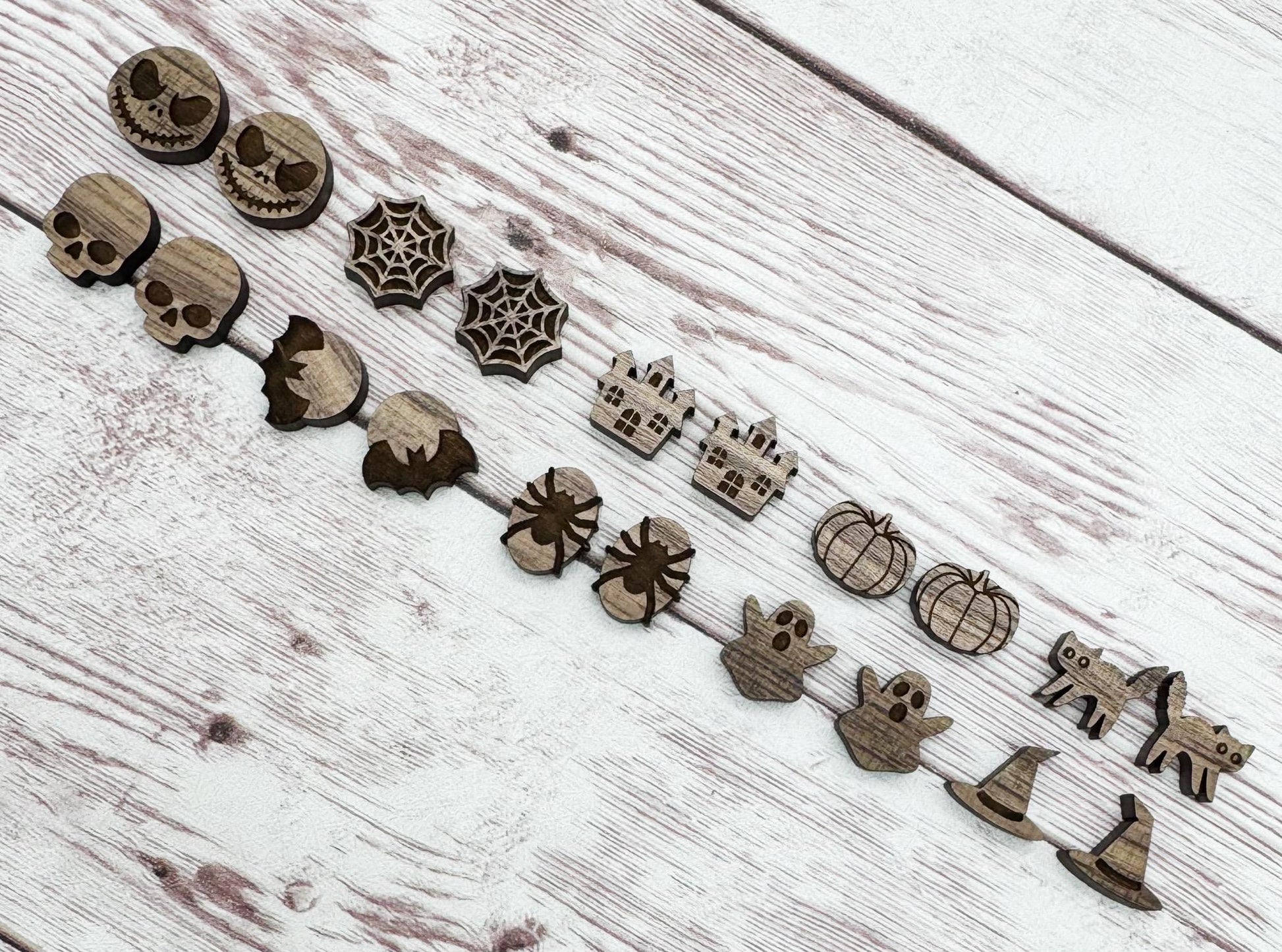 Set of 10 Engraved Halloween Stud Earring Blanks, Walnut,DIY Jewelry Making