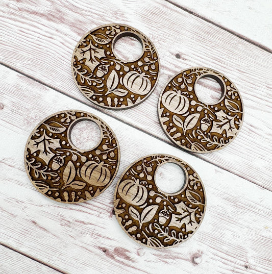 Engraved Fall Pumpkin and Leaves Hoop Halloween Walnut Earring Blanks, DIY Jewelry Making