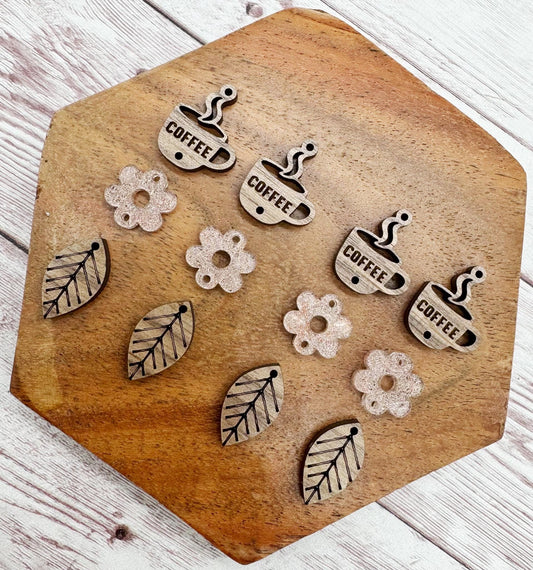 Coffee Flower Leaf Acrylic and Wood Trio Set, Earring Blanks, DIY Jewelry Making
