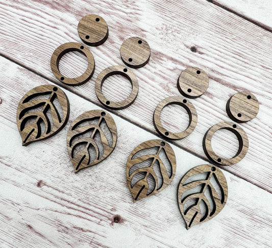 Leaf and Circle Trio Earring Blanks, Finished Walnut Blank, DIY Jewelry Making