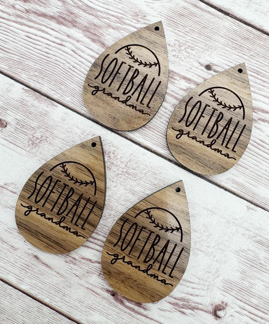 Wood Engraved Softball Grandma Earring Blanks, Finished Walnut Blank, DIY Jewelry Making