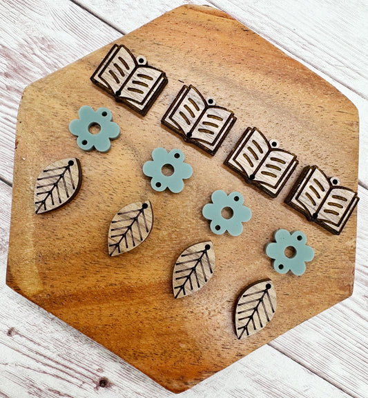 Book Flower Leaf Acrylic and Wood Trio Set, Earring Blanks, DIY Jewelry Making