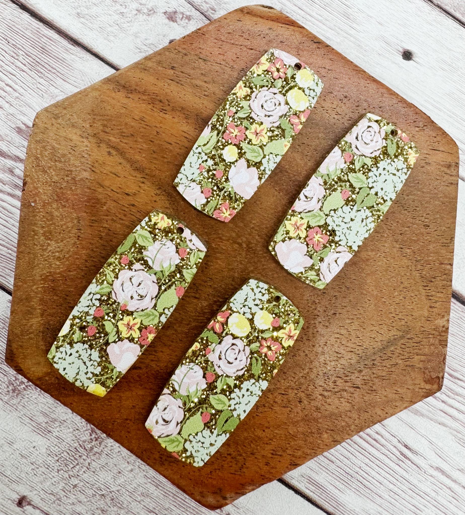 Gold Glitter Floral Print Acrylic Bar Earring Blanks, DIY Jewelry Making