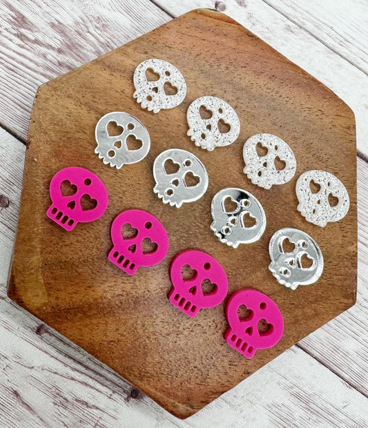 Pink, Silver Mirror, White Glitter Skull Trio Halloween Set Acrylic Earring Blanks, DIY Jewelry Making